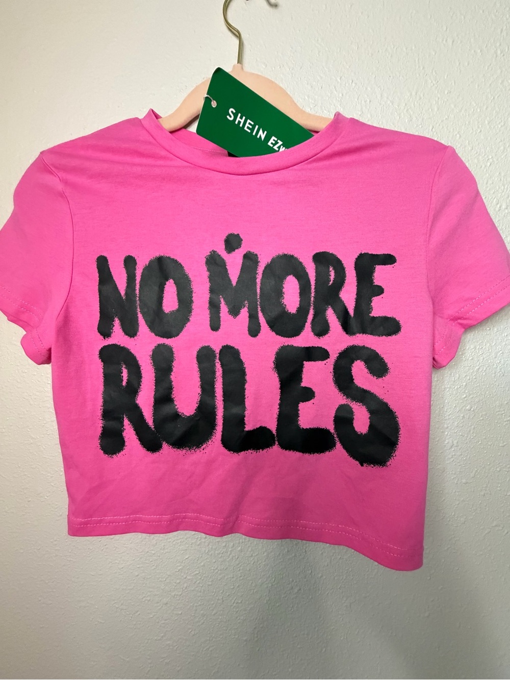 SHEIN Pink Graphic Tee with Black "NO MORE RULES" Print